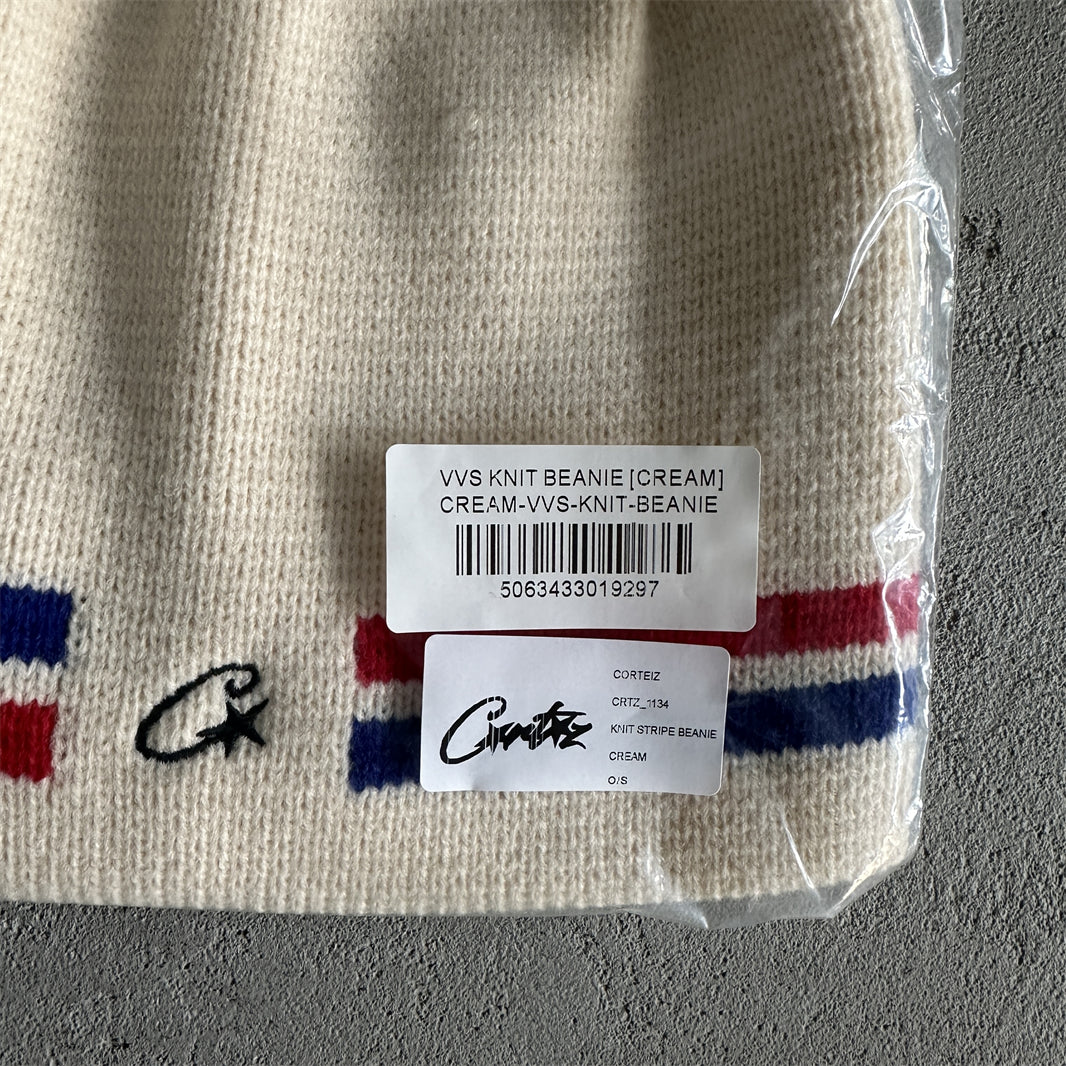 knit stripe beanie -off white