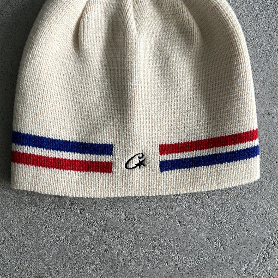 knit stripe beanie -off white