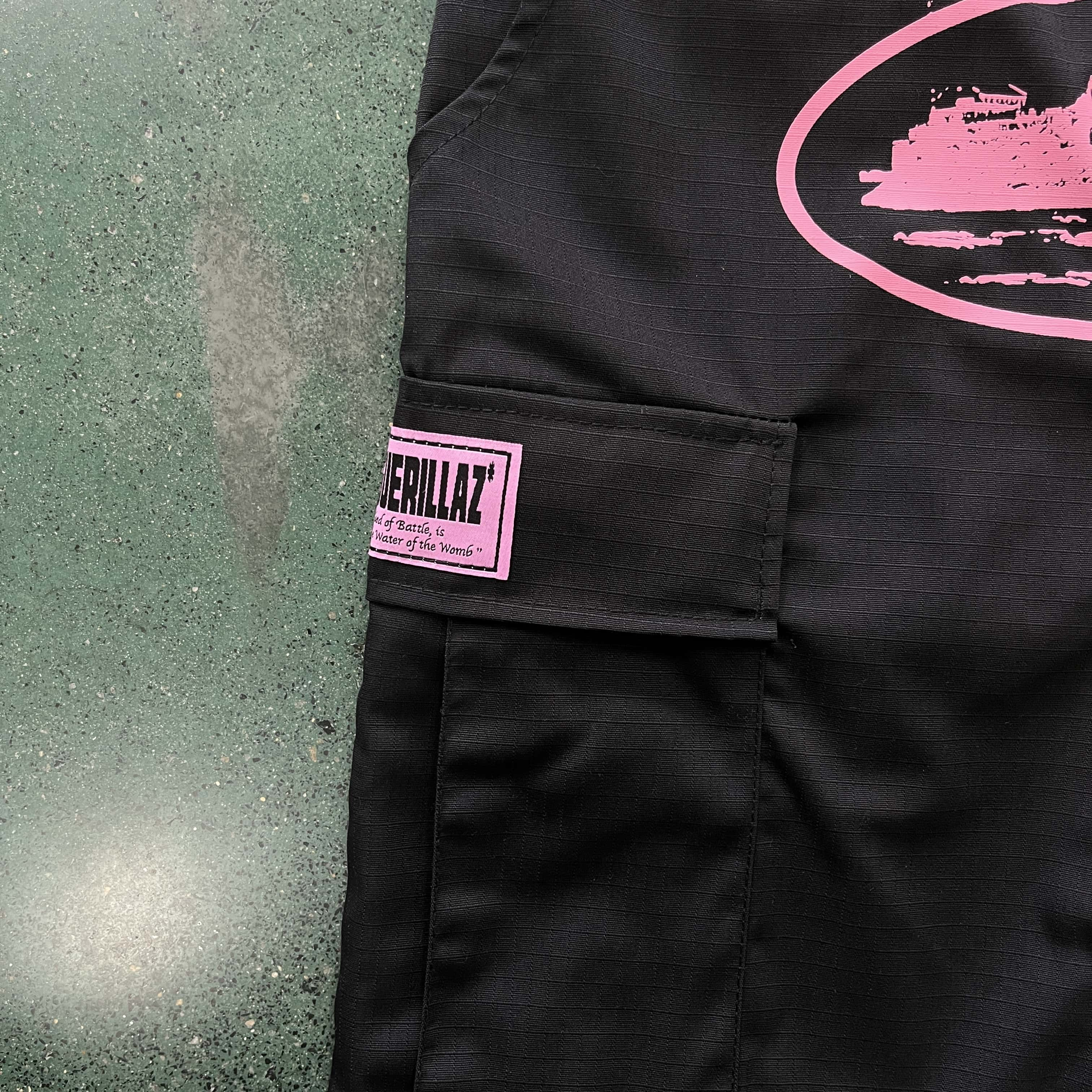 black with pink logo cargos