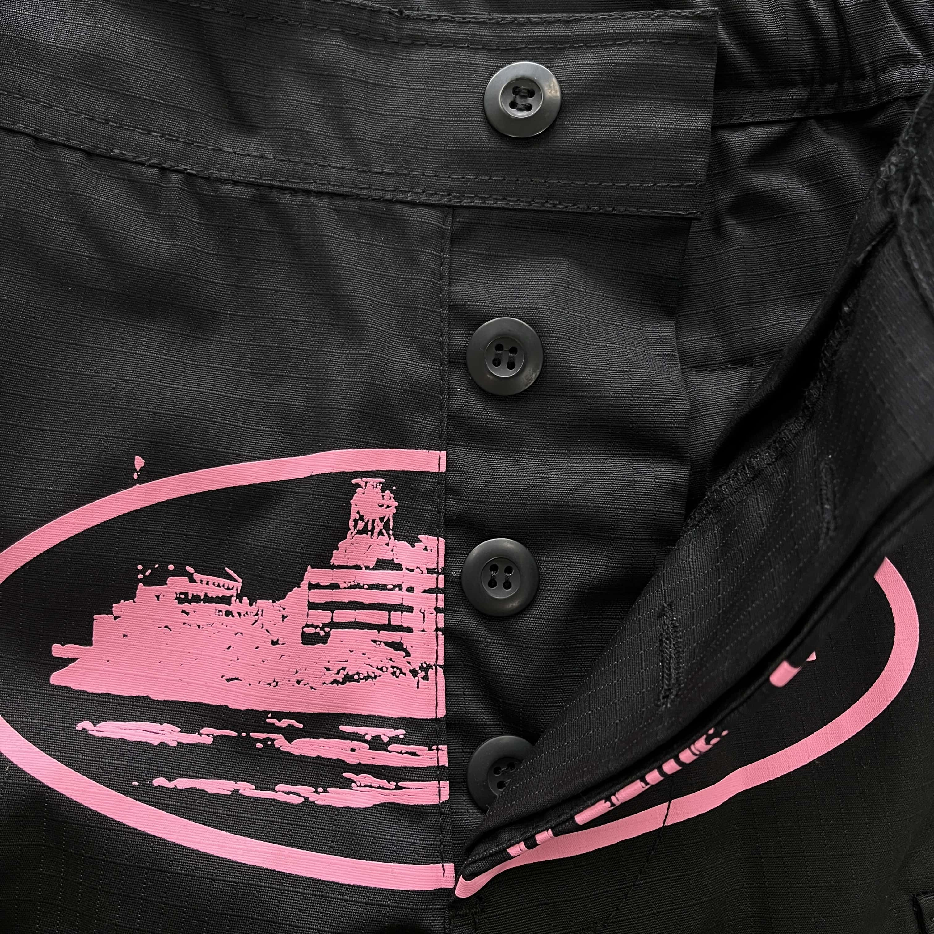 black with pink logo cargos