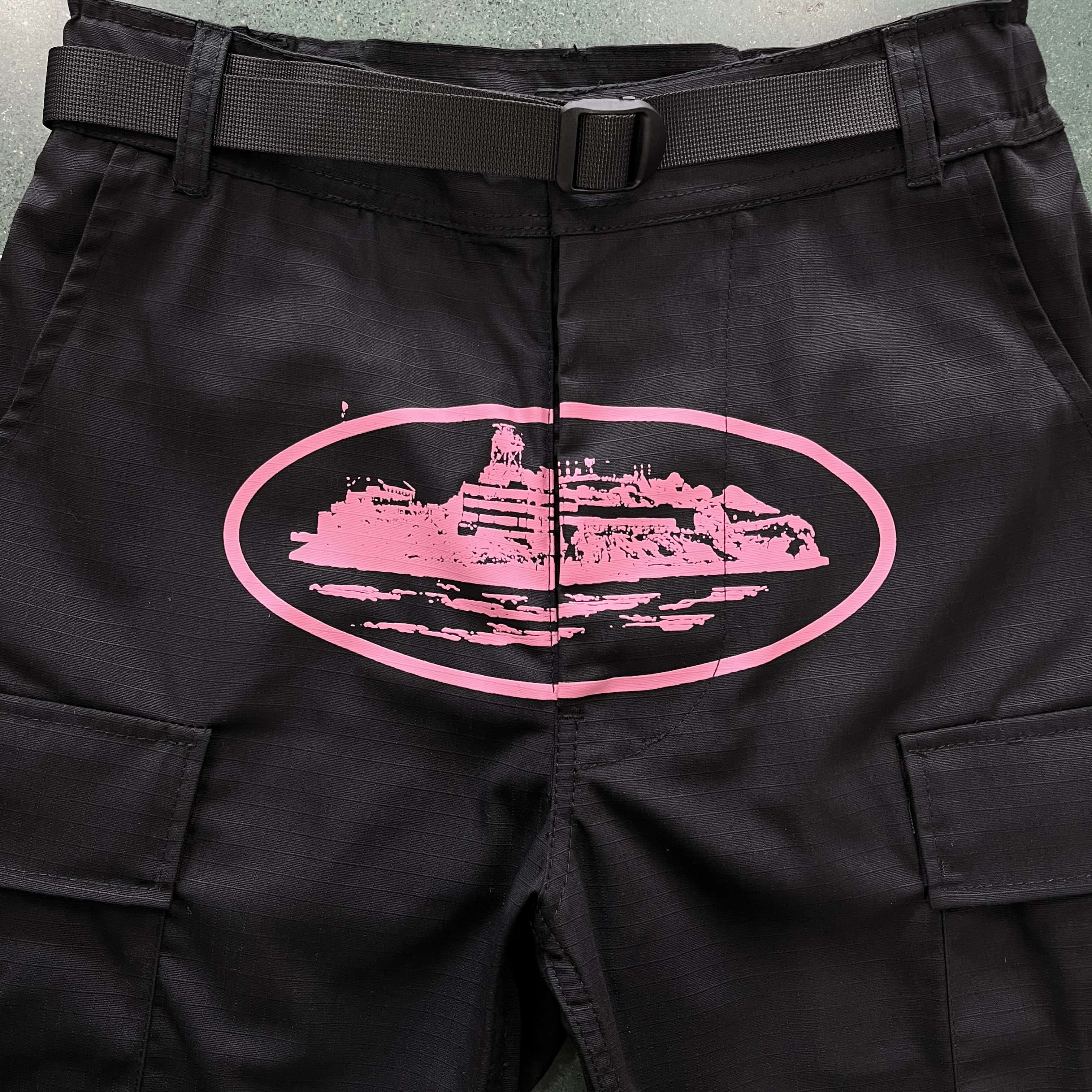 black with pink logo cargos